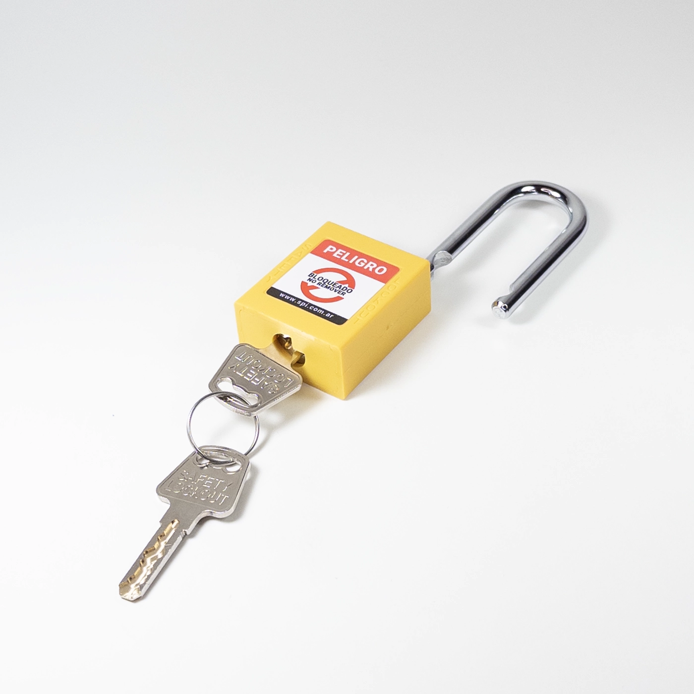 Candado Termoplástico Amarillo, Paso 20x38mm de Acero Inoxidable, Dos Llaves