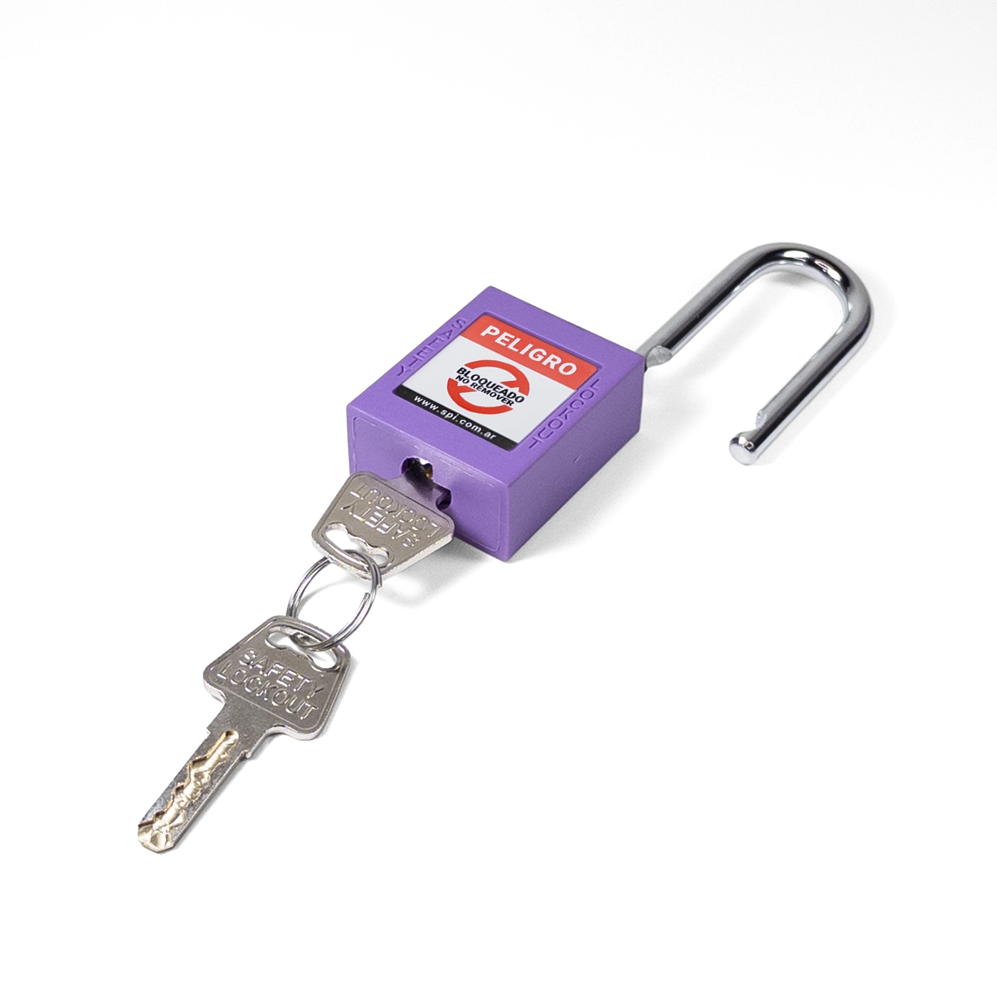 Candado Termoplástico Violeta, Paso 20x38 mm de Acero Inoxidable, Dos Llaves